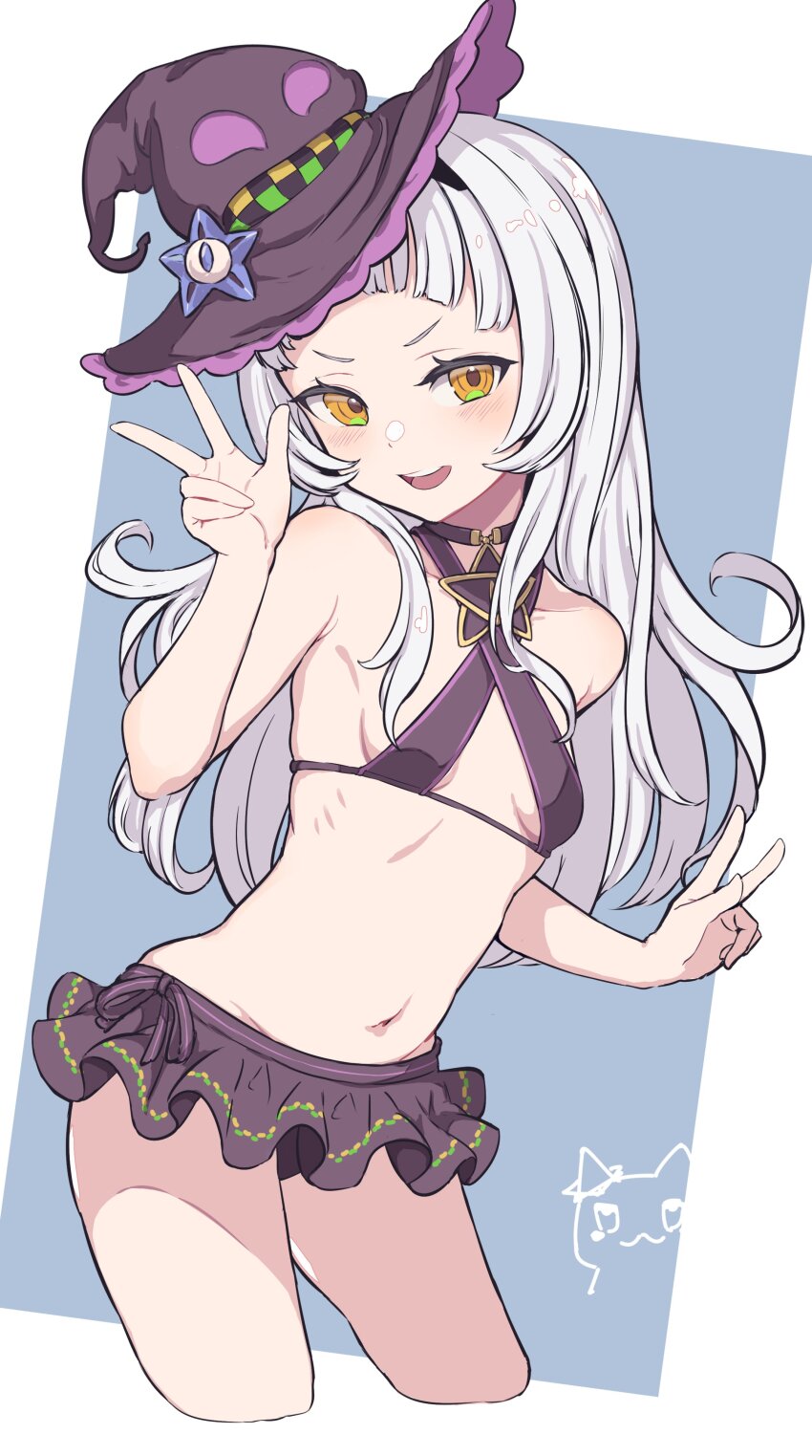 1girl, absurdres, bikini, bikini_skirt, black_hairband, blue_background, blush, breasts, choker, commentary, contrapposto, cowboy_shot, criss-cross_halter, cropped_legs, double_v, eternaltanbo, hairband, halterneck, hat, highres, hololive, long_hair, looking_at_viewer, murasaki_shion, murasaki_shion_(hololive_summer_2019), navel, official_alternate_costume, open_mouth, orange_eyes, purple_bikini, purple_choker, purple_headwear, ribs, shiokko_(murasaki_shion), sidelocks, simple_background, small_breasts, smile, solo, standing, stomach, swimsuit, tilted_headwear, v, virtual_youtuber, white_hair, witch_hat