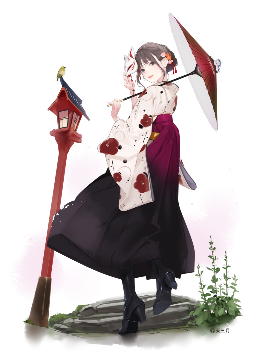 1girl, ama_mitsuki, animal, bird, black_boots, black_hakama, blush, boots, braid, brown_eyes, brown_hair, floral_print, flower, fox_mask, french_braid, from_behind, gradient_hakama, hair_flower, hair_ornament, hakama, high_heel_boots, high_heels, highres, holding, holding_mask, holding_umbrella, japanese_clothes, kimono, long_sleeves, looking_at_viewer, looking_back, mask, oil-paper_umbrella, open_mouth, original, parasol, red_hakama, shoe_soles, simple_background, smile, solo, standing, umbrella, white_background, white_kimono, wide_sleeves