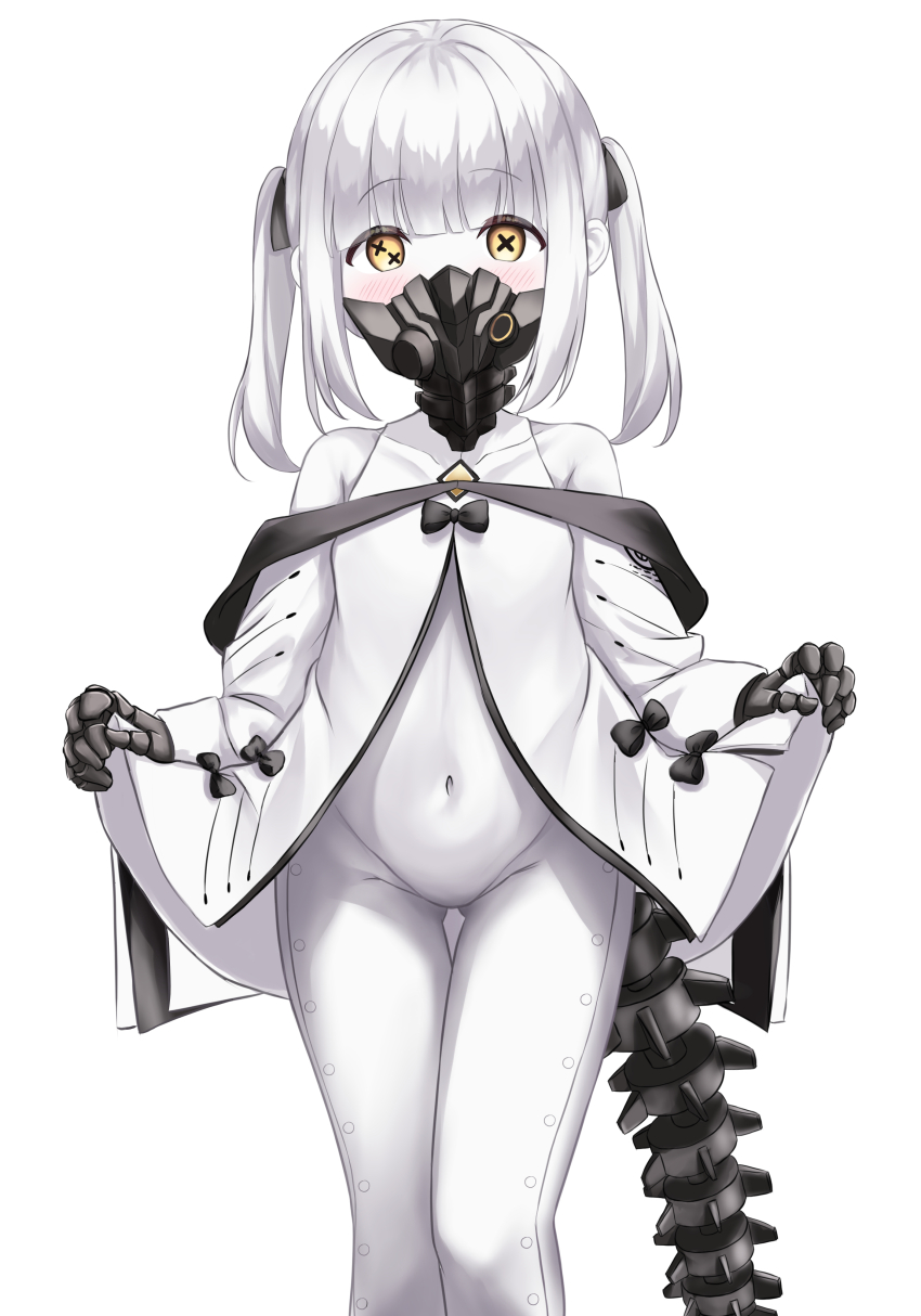 1girl, absurdres, black_mask, black_tail, blue_archive, blush, coat, colored_skin, cowboy_shot, cross-shaped_pupils, ein_(blue_archive), feet_out_of_frame, highres, kuma_piv, long_sleeves, looking_at_viewer, mask, mechanical_arms, mechanical_hands, medium_hair, navel, open_clothes, open_coat, respirator, simple_background, solo, symbol-shaped_pupils, tail, twintails, white_background, white_coat, white_hair, white_skin, wide_sleeves, x-shaped_pupils, yellow_eyes
