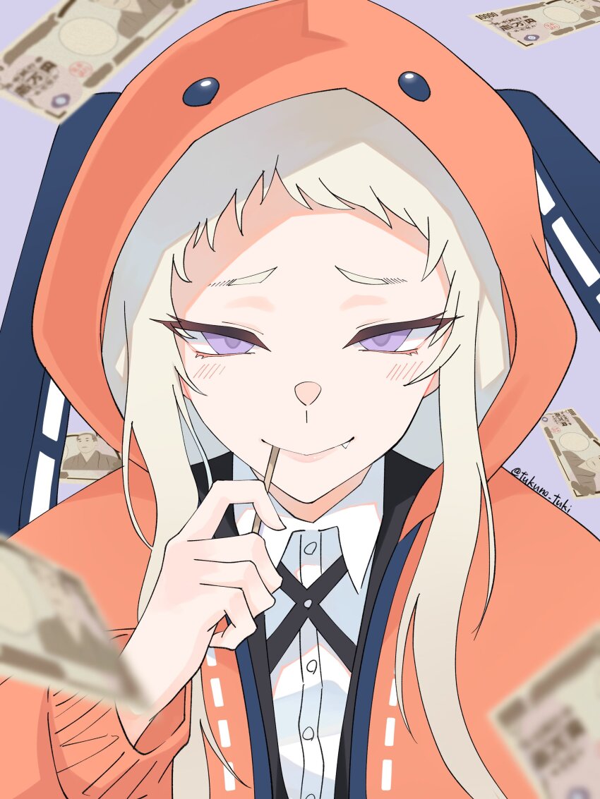 1girl, absurdres, banknote, blue_background, blurry, collared_shirt, commentary, depth_of_field