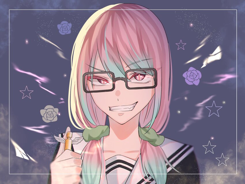 1girl, clenched_teeth, collarbone, commentary_request, glasses, highres, light_particles, long_hair