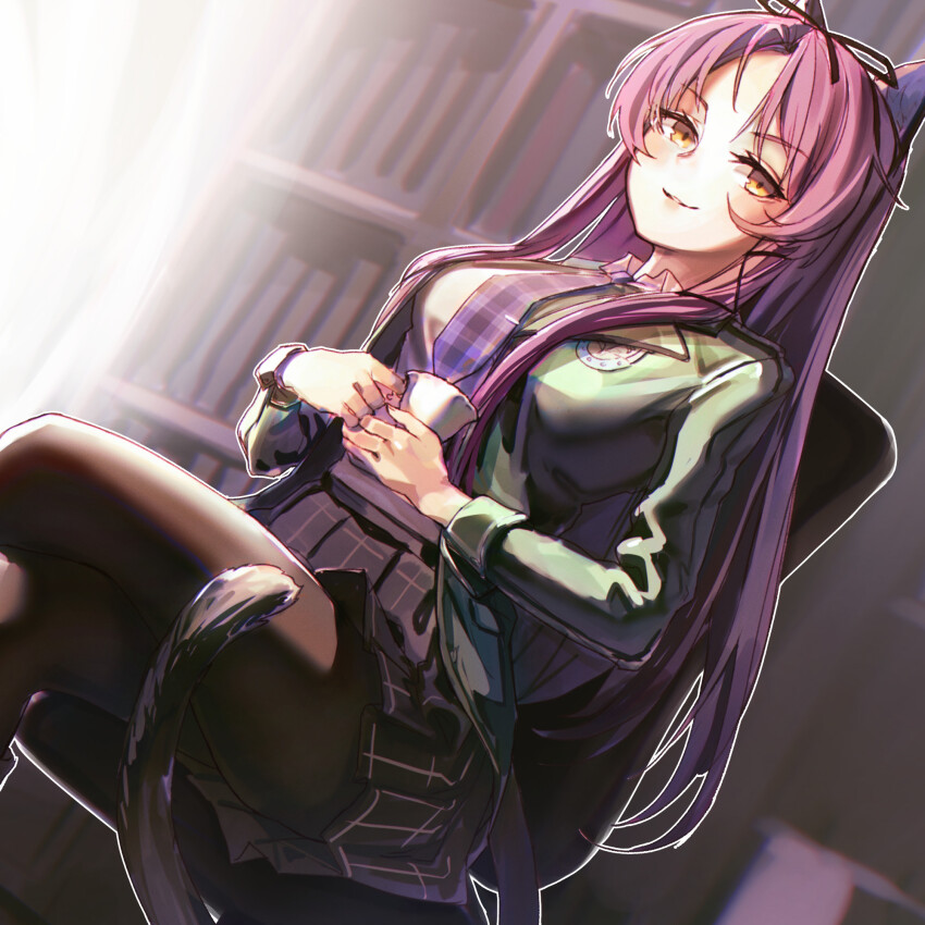 1girl, bookshelf, chair, cup, curtained_hair, eiyuu_densetsu, highres, holding