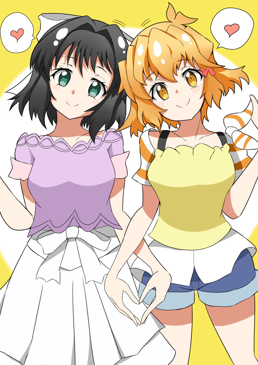 2girls, 9ma_(9matohibari), absurdres, black_hair, blonde_hair, blush, couple, dress