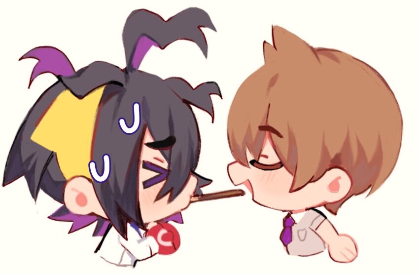 >_<, 2boys, ahoge, black_hair, blush, brown_hair, brown_sweater, chibi