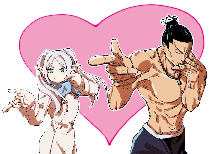 1girl, ;o, anaguma_keigo, black_hair, blowing_kiss, buttons, coat, double-breasted, double_finger_gun, finger_gun, frieren, grey_eyes, heart, highres, jewelry, jujutsu_kaisen, long_hair, muscular, muscular_male, necklace, one_eye_closed, pointing, pointy_ears, puckered_lips, scar, scar_across_eye, scar_on_face, scarf, season_connection, sideburns, sousou_no_frieren, topknot, topless_male, toudou_aoi_(jujutsu_kaisen), trait_connection, twintails, undercut, v-taper