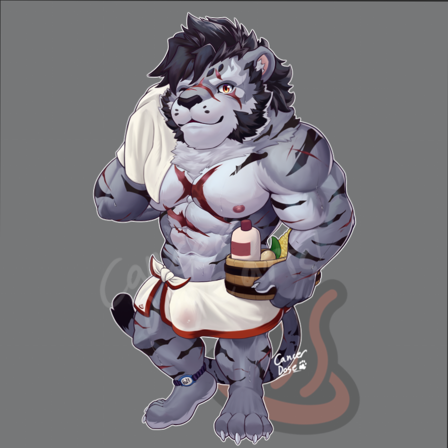 1boy, abs, animal_ears, bara, bucket, cancerdoge, chibi, claws