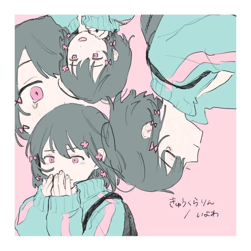 1girl, aqua_jacket, backpack, bag, black_hair, border, bow, cevio