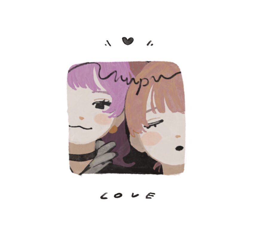 2girls, :3, :o, black_choker, black_eyes, blush_stickers, border, brown_hair