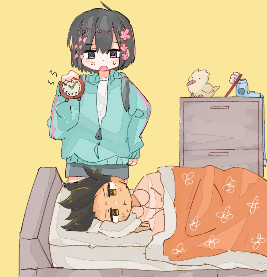 2girls, alarm_clock, aqua_jacket, bed, bird, black_hair, black_shorts, bow