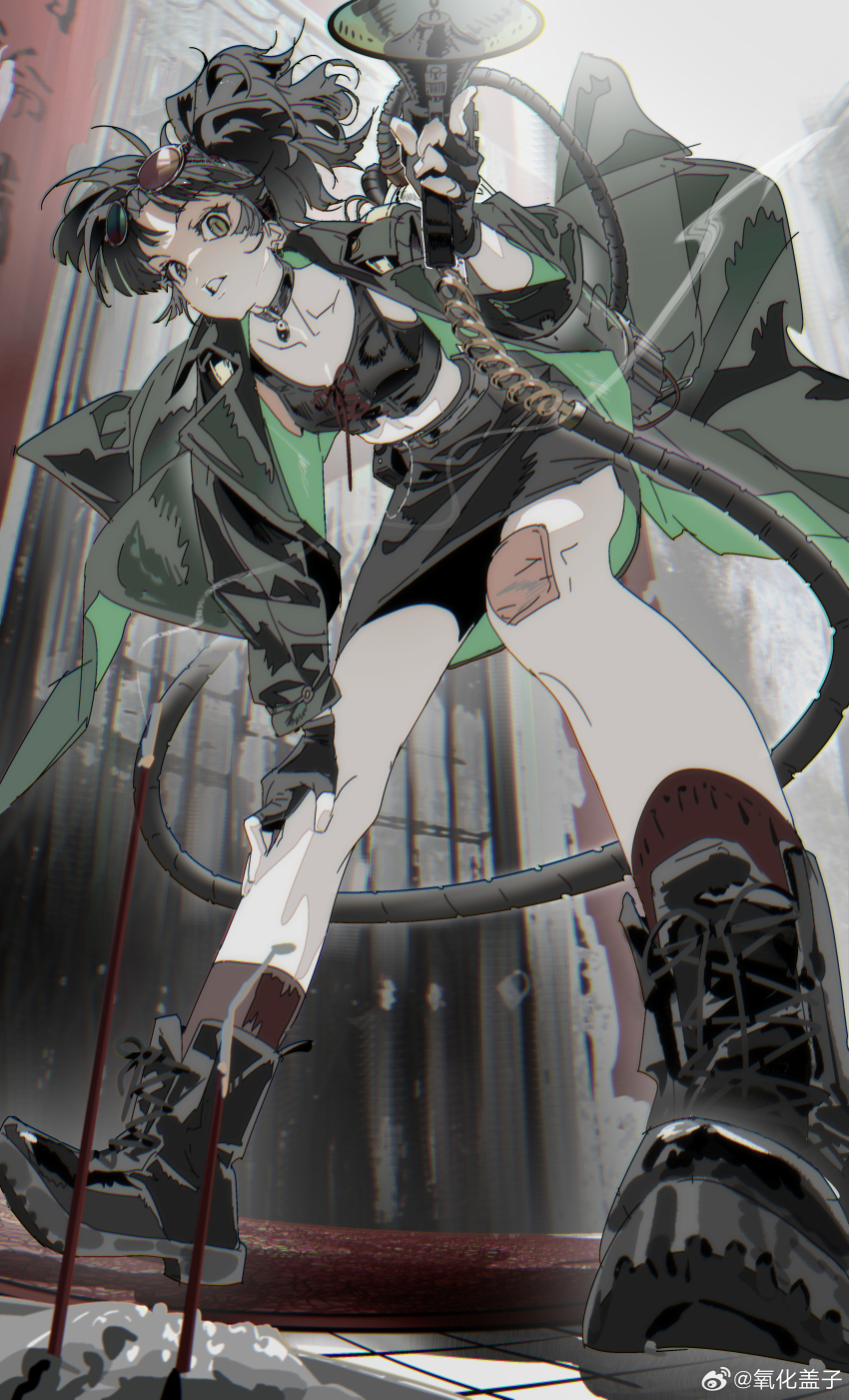 1girl, absurdres, an-an_lee, ankle_boots, black_boots, black_choker, black_gloves, black_hair, black_skirt, black_tank_top, blue-tinted_eyewear, boots, breasts, choker, clenched_teeth, door, eyewear_on_head, fingerless_gloves, from_below, full_body, gauze, gauze_on_knee, glasses, gloves, grey_jacket, hand_on_own_knee, heterochromatic_eyewear, highres, holding, holding_megaphone, hose, incense, jacket, leaning_forward, looking_at_viewer, looking_down, medium_hair, megaphone, miniskirt, navel, ponytail, red-tinted_eyewear, red_socks, reverse:1999, skirt, small_breasts, smoke, socks, solo, standing, tank_top, teeth, tinted_eyewear, v-shaped_eyebrows, watermark, weibo_watermark, yanghua_gaizi, yellow_eyes, yin_yang