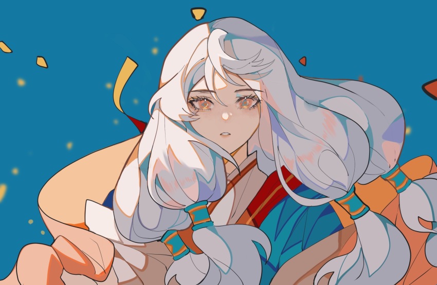 1girl, alternate_costume, confetti, doupichipizi, grey_hair, highres, holding, long_hair