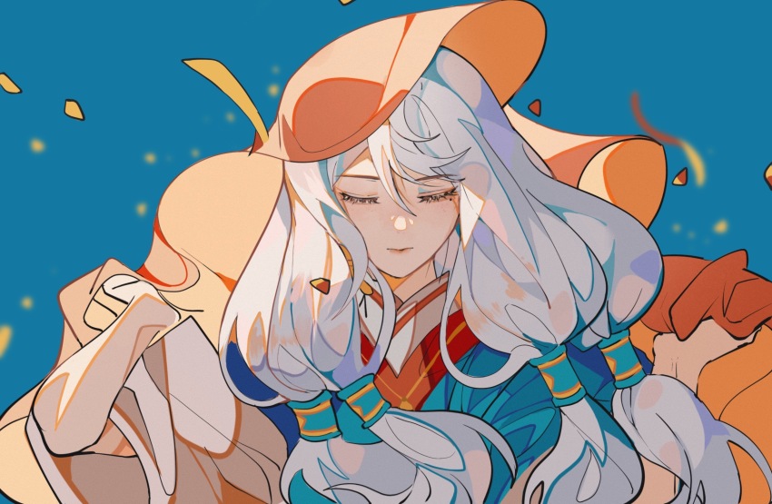 1girl, closed_eyes, closed_mouth, confetti, day, doupichipizi, grey_hair, highres