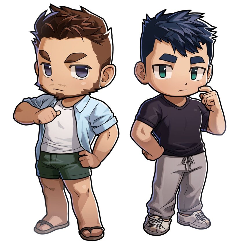 2boys, bara, beard, black_shirt, blue_hair, brown_footwear, brown_hair, chibi