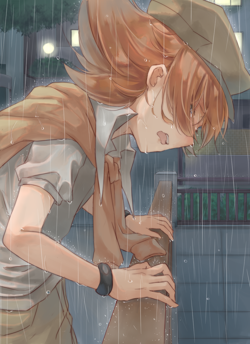 1boy, against_railing, bracelet, brown_hair, brown_headwear, brown_jacket, brown_pants, collared_shirt