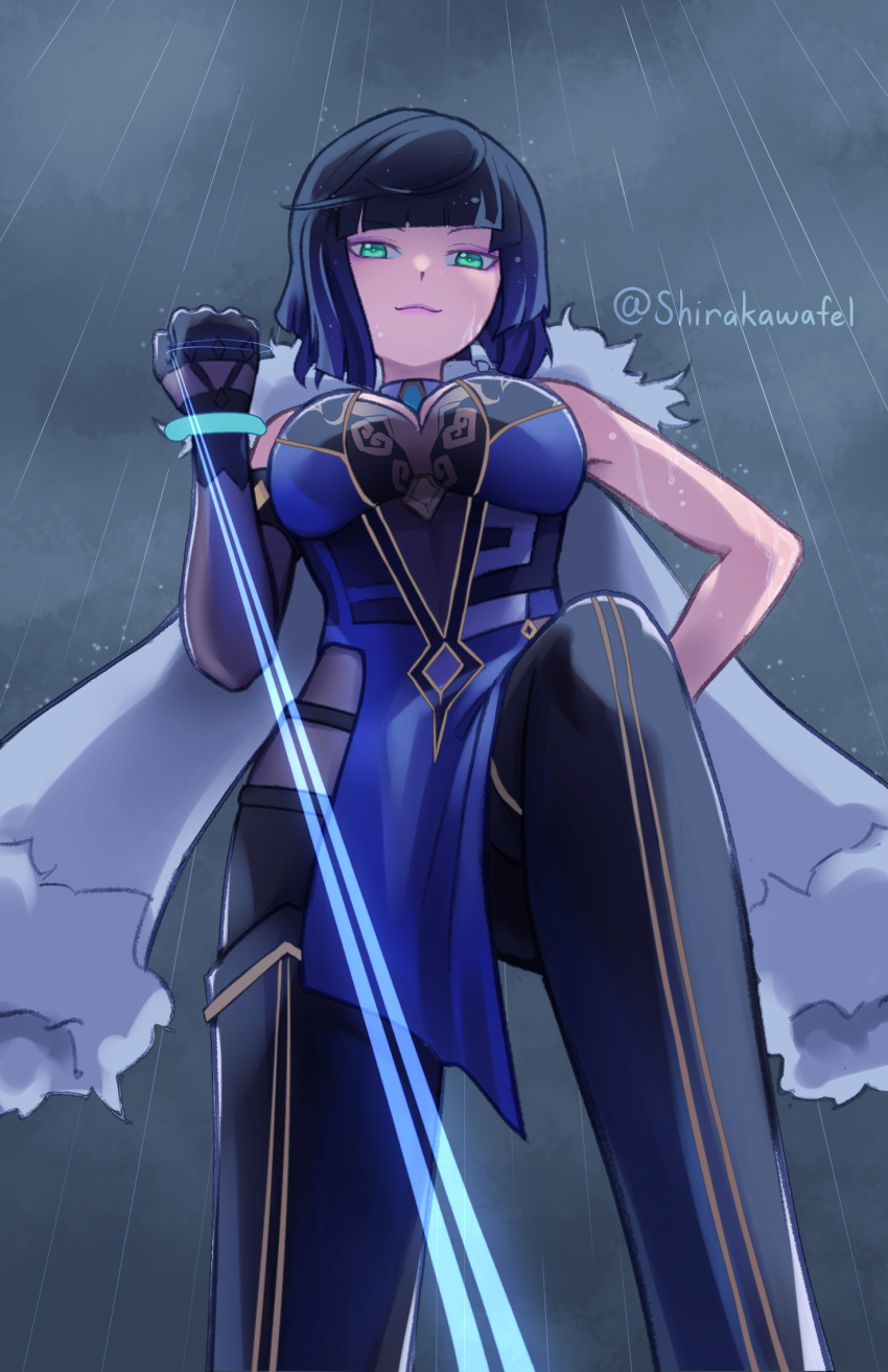 1girl, :3, blue_dress, blue_hair, blunt_bangs, bob_cut, bodystocking, bodysuit, bracelet, breasts, choker, cleavage, clenched_hand, clothing_cutout, coat, colored_tips, diagonal_bangs, dress, elbow_gloves, eyeshadow, femdom, from_below, fur-trimmed_coat, fur_trim, genshin_impact, gloves, gold_trim, gradient_hair, green_eyes, hand_on_own_hip, highres, hip_vent, holding, holding_string, jacket, jacket_on_shoulders, jewelry, large_breasts, leash, looking_at_viewer, looking_down, makeup, multicolored_hair, overcast, pelvic_curtain, pink_eyeshadow, pov, rain, shirakawafel, sky, smile, solo, stepped_on, stepping, string, viewer_on_leash, watermark, wet, white_coat, yelan_(genshin_impact)