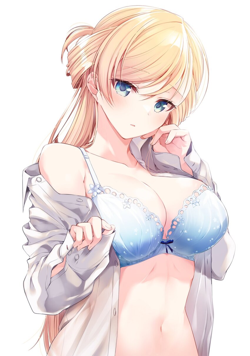 1girl, araragi_ayune, bare_shoulders, blonde_hair, blue_bra, blue_eyes, blush, bow