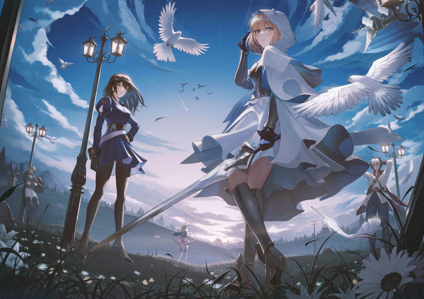 absurdres, armored_boots, arms_behind_head, bird, boots, bow_(weapon), brown_dust_(series), brown_dust_2