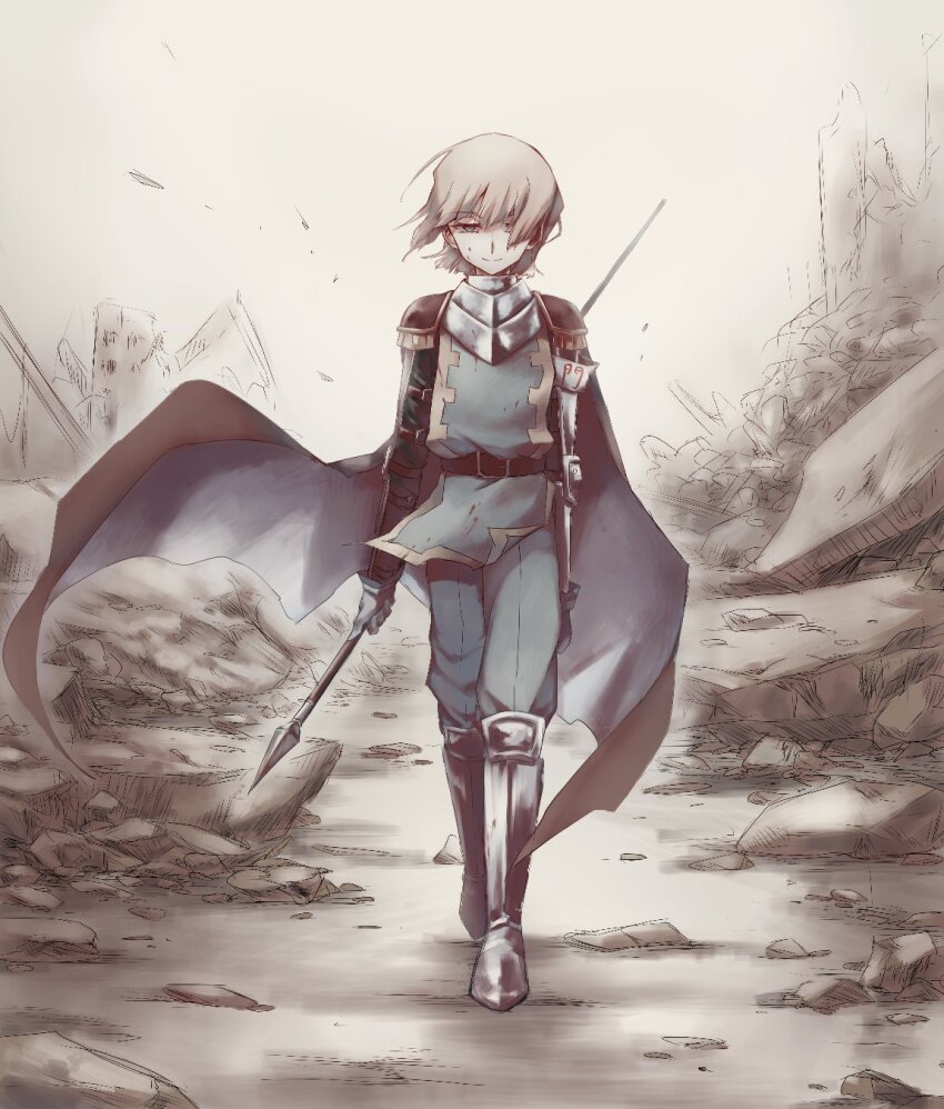 1boy, armor, armored_boots, arms_at_sides, belt, blood, blood_on_clothes, blood_on_face