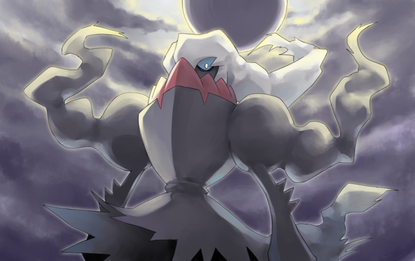 arms_at_sides, blue_sclera, colored_sclera, covered_mouth, darkrai, eclipse, gen_4_pokemon, hair_over_one_eye, legendary_pokemon, long_hair, mythical_pokemon, nintendo, no_humans, norinorinorimakimaki, overcast, pokemon, pokemon_(creature), sky, solo, white_eyes, white_hair