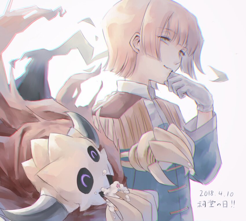 1boy, ^_^, brown_hair, character_request, chromatic_aberration, closed_eyes, dated, from_side