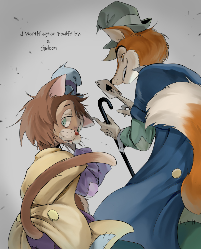2boys, ace_(playing_card), ace_of_spades, blue_cloak, brown_fur, cane, card, cat_boy