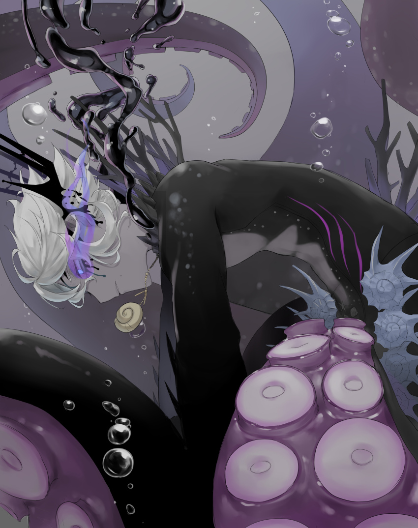 1boy, absurdres, air_bubble, azul_ashengrotto, azul_ashengrotto_(octopus), blue_eyes, bubble, from_side, grey_background, highres, ink, jewelry, looking_down, male_focus, monster_boy, necklace, norinorinorimakimaki, octopus_boy, parted_lips, pectorals, shell, short_hair, solo, suction_cups, tentacles, twisted_wonderland, white_hair