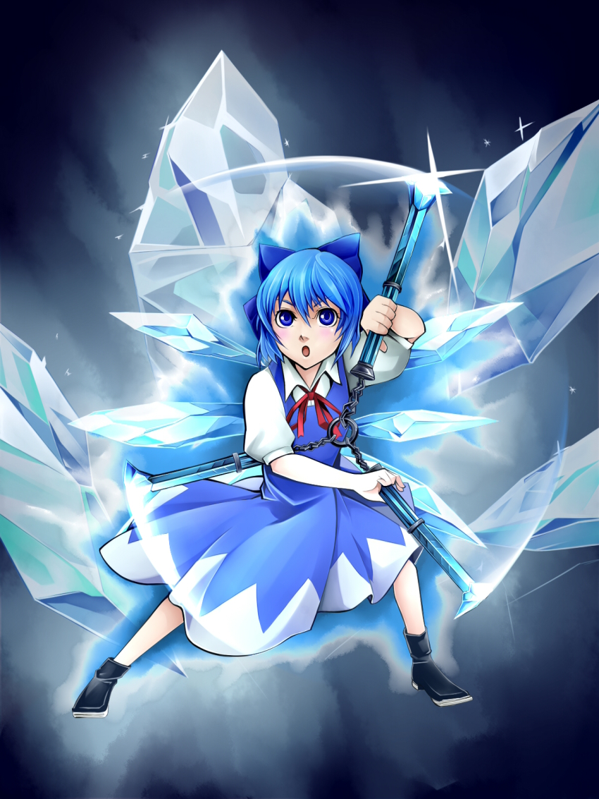 1girl, blue_eyes, blue_hair, bow, capcom, cerberus_(weapon), cirno, cryokinesis