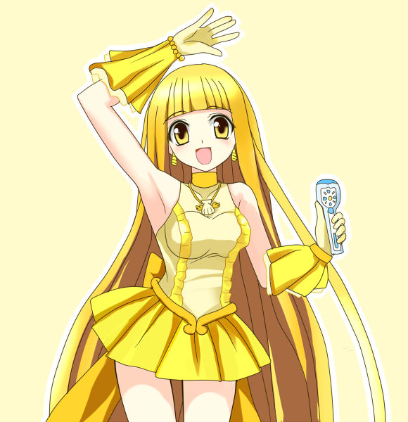 00s, blonde_hair, coco_(idol)_(mermaid_melody_pichi_pichi_pitch), coco_(mermaid_melody_pichi_pichi_pitch), gloves, idol, long_hair, mermaid_melody_pichi_pichi_pitch, microphone, miru, solo, waving, yellow_eyes
