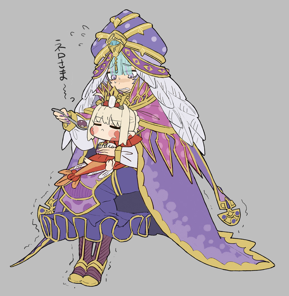 2girls, aqua_eyes, blonde_hair, chibi, cloak, closed_eyes, crown, dragon_tail, dress, facial_mark, fate/grand_order, fate_(series), feathers, feeding, flying_sweatdrops, gold_crown, hair_intakes, hair_ribbon, hat, holding, holding_spoon, locusta_(fate), locusta_(second_ascension)_(fate), long_hair, multiple_girls, mushroom, nero_claudius_(fate), pointy_ears, pout, purple_cloak, purple_dress, purple_eyes, purple_headwear, queen_draco_(fate), queen_draco_(first_ascension)_(fate), red_dress, red_ribbon, ribbon, spoon, tail, translation_request, trembling, wada_arco