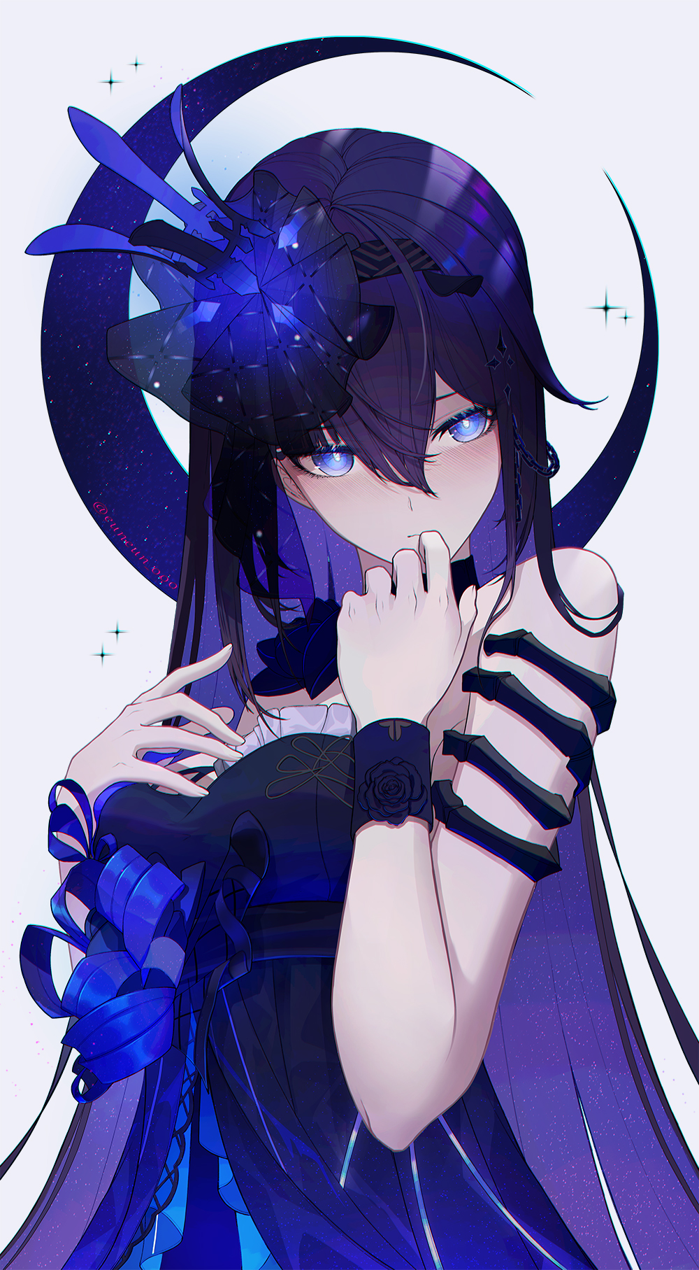 1girl, black_choker, black_hair, blue_dress, blue_eyes, bright_pupils, choker, closed_mouth