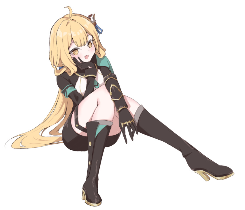 1girl, :d, ahoge, arm_support, black_boots, black_gloves, black_jacket, black_shorts