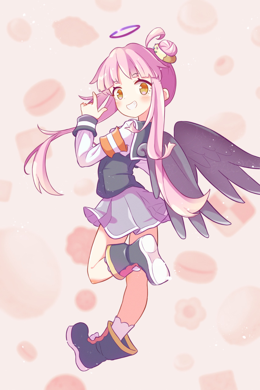 1girl, ahoge, black_footwear, black_vest, black_wings, brown_eyes, food, food-themed_hair_ornament