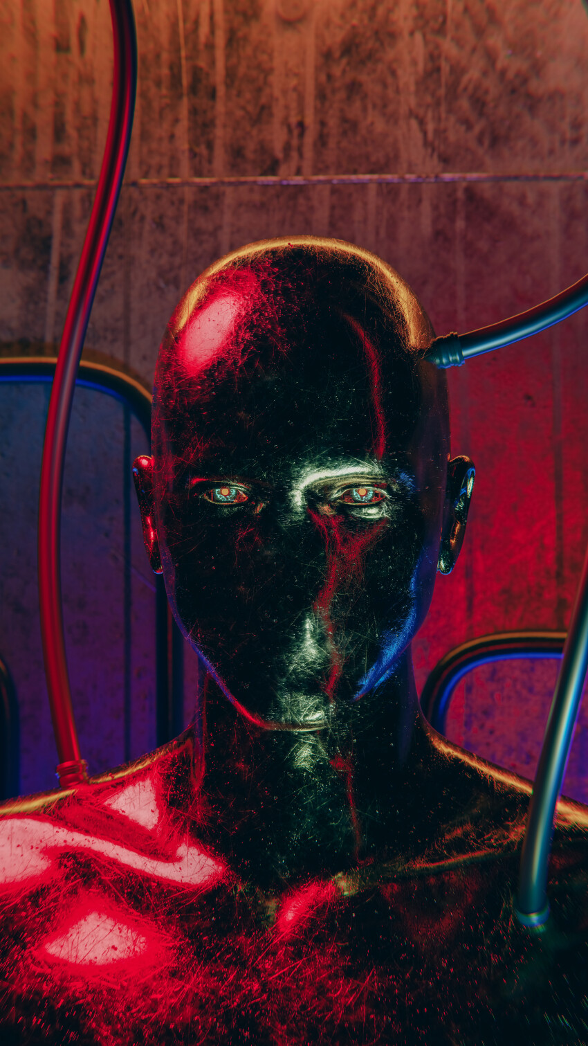 1boy, a.m, absurdres, adobe_lightroom, bald, black_skin, blender_(medium), blue_eyes, colored_sclera, colored_skin, commentary, cyborg, dark, english_commentary, glowing, glowing_eyes, highres, humanoid_robot, i_have_no_mouth_and_i_must_scream, machinery, no_mouth, no_nose, personification, photoshop_(medium), red_pupils, robot, science_fiction, simple_background, tube, wire, zygomir