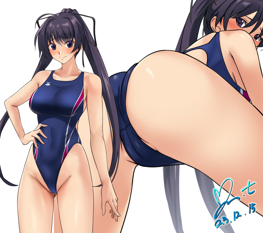 ass, bare_legs, black_eyes, black_hair, blue_one-piece_swimsuit, breasts, commission, competition_swimsuit, dated, hair_ribbon, highleg, highleg_one-piece_swimsuit, highres, large_breasts, long_hair, looking_ahead, looking_at_viewer, looking_back, memories_off_2nd, one-piece_swimsuit, pixiv_commission, ponytail, ribbon, signature, simple_background, standing, suzuna_takano, swimsuit, tachi-e, thighs, two-tone_swimsuit, white_background, yoo_tenchi