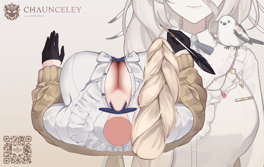 1girl, absurdres, artist_name, bird, black_gloves, blue_bow, blue_bowtie, bow