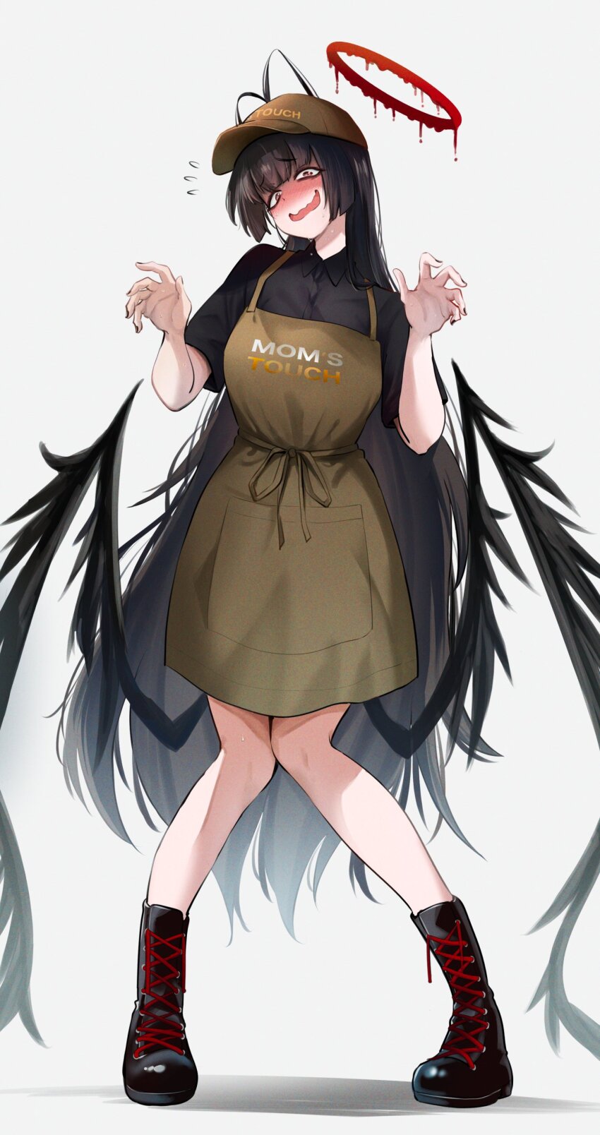 1girl, absurdres, alternate_costume, antenna_hair, apron, bags_under_eyes, baseball_cap, black_boots