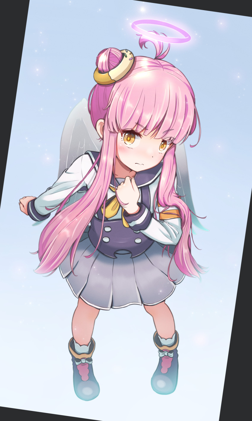 1girl, arm_at_side, black_footwear, black_vest, black_wings, blunt_bangs, blush, brown_eyes