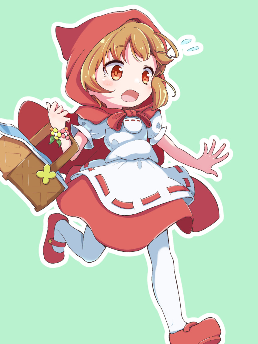 1girl, apron, basket, bracelet, brown_hair, elbow_carry, flower_bracelet, flying_sweatdrops, green_background, highres, holding, holding_basket, jazz_grace, jewelry, outline, pantyhose, puffy_short_sleeves, puffy_sleeves, puyopuyo, puyopuyo_quest, rebecca_(puyopuyo_quest), red_footwear, red_hood, red_skirt, running, shirt, short_sleeves, skirt, solo, waist_apron, white_apron, white_outline, white_pantyhose, white_shirt