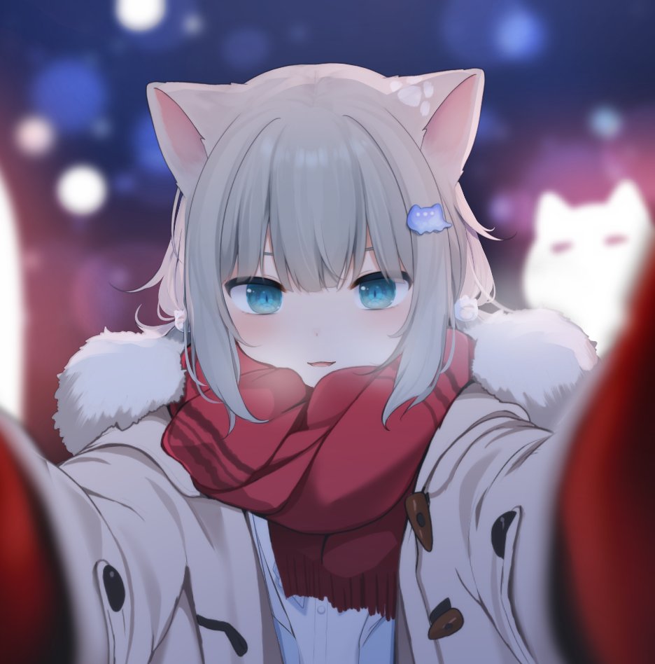 1girl, amashiro_natsuki, animal_ears, blue_eyes, blurry, cat, cat_ears, cat_hair_ornament