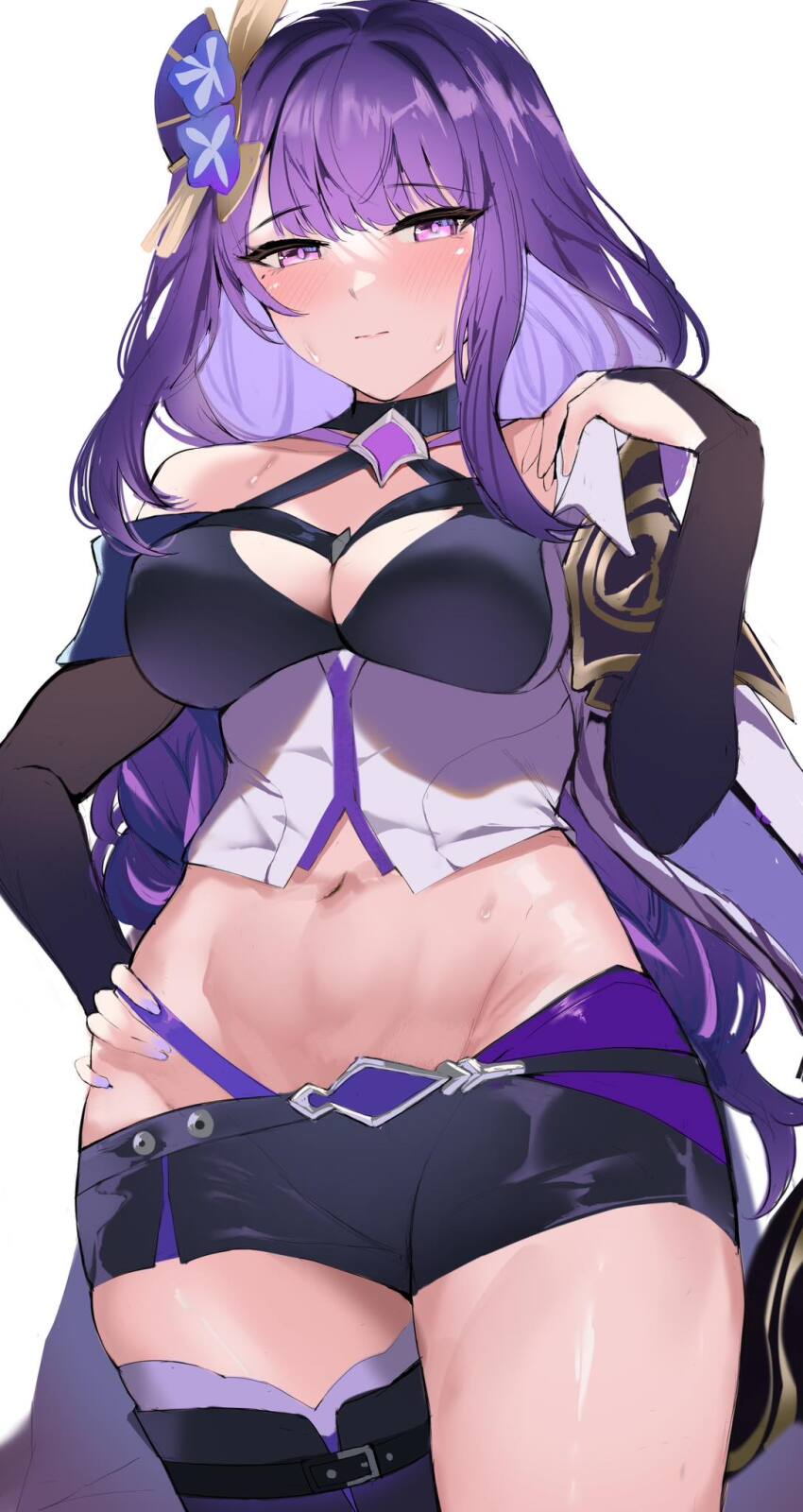 1girl, acheron_(honkai:_star_rail), acheron_(honkai:_star_rail)_(cosplay), alternate_costume, blush, breasts, bridal_gauntlets, closed_mouth, commentary, cosplay, cowboy_shot, genshin_impact, hair_ornament, hand_on_own_hip, hand_up, highres, honkai:_star_rail, honkai_(series), large_breasts, looking_at_viewer, mihoyo, mole, mole_under_eye, nail_polish, navel, purple_eyes, purple_hair, purple_nails, purple_shorts, raiden_shogun, sawashiro_miyuki, shibenc16e4, short_shorts, shorts, simple_background, single_thighhigh, smile, solo, untranslatable_commentary, thighhighs, thighs, voice_actor_connection, white_background