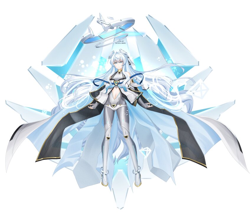 1girl, absurdres, barcode, bare_shoulders, blue_eyes, bodysuit, boots, cape