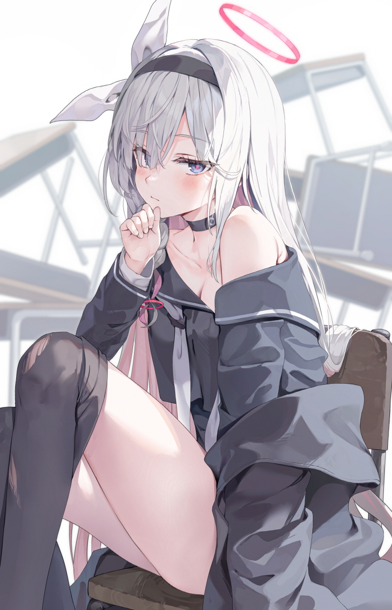 1girl, black_choker, black_coat, black_eyes, black_hairband, black_pantyhose, black_sailor_collar, black_serafuku, black_shirt, black_skirt, blue_archive, blush, bow, braid, breasts, chair, choker, cleavage, closed_mouth, clothes_pull, coat, coat_partially_removed, collarbone, colored_inner_hair, desk, expressionless, feet_out_of_frame, grey_hair, hair_between_eyes, hair_bow, hair_over_one_eye, hair_ribbon, hairband, halo, hand_on_own_chin, hand_up, highres, huwari_(dnwls3010), knees_up, loli, long_hair, long_sleeves, looking_at_viewer, loose_neckerchief, multicolored_hair, neckerchief, off_shoulder, on_chair, open_clothes, open_coat, pantyhose, pantyhose_pull, pink_hair, plana_(blue_archive), red_halo, red_pupils, ribbon, sailor_collar, school_chair, school_desk, school_uniform, serafuku, shirt, side_braid, sidelocks, single_bare_shoulder, sitting, skirt, small_breasts, solo, stroking_own_chin, thighs, torn_clothes, torn_pantyhose, very_long_hair, white_bow, white_neckerchief, white_ribbon, wooden_chair