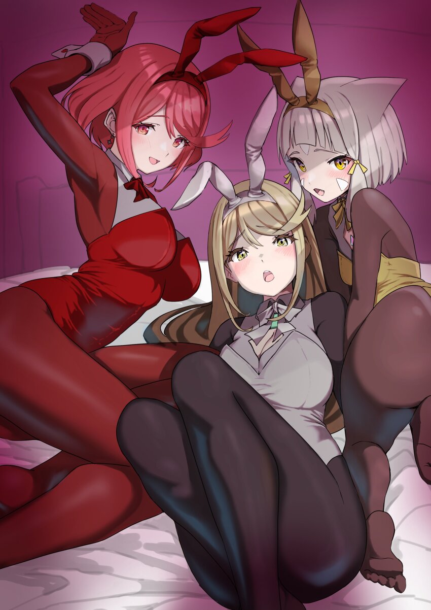 3girls, absurdres, animal_ears, blunt_bangs, blush, bow, breasts, cat_ears