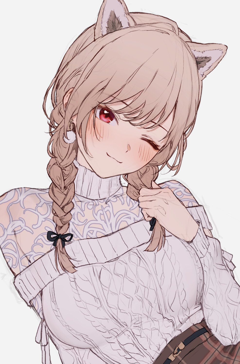 1girl, ;3, animal_ear_fluff, animal_ears, aran_sweater, belt, black_ribbon, blush