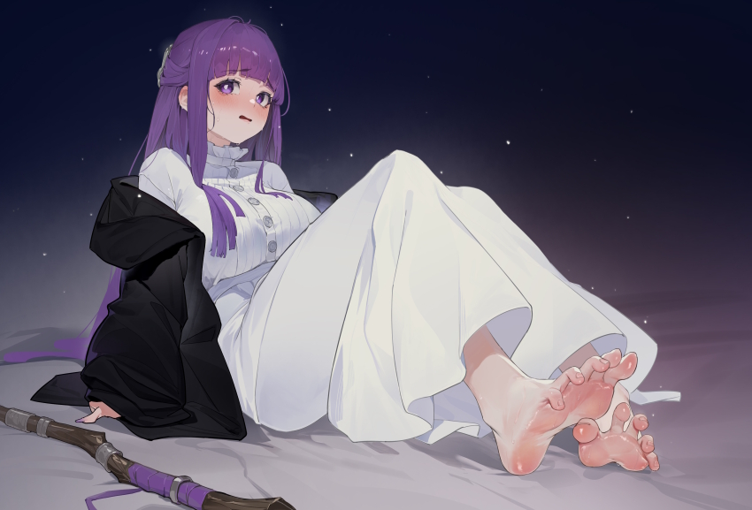 1girl, absurdres, barefoot, black_jacket, blush, fern_(sousou_no_frieren), highres, jacket