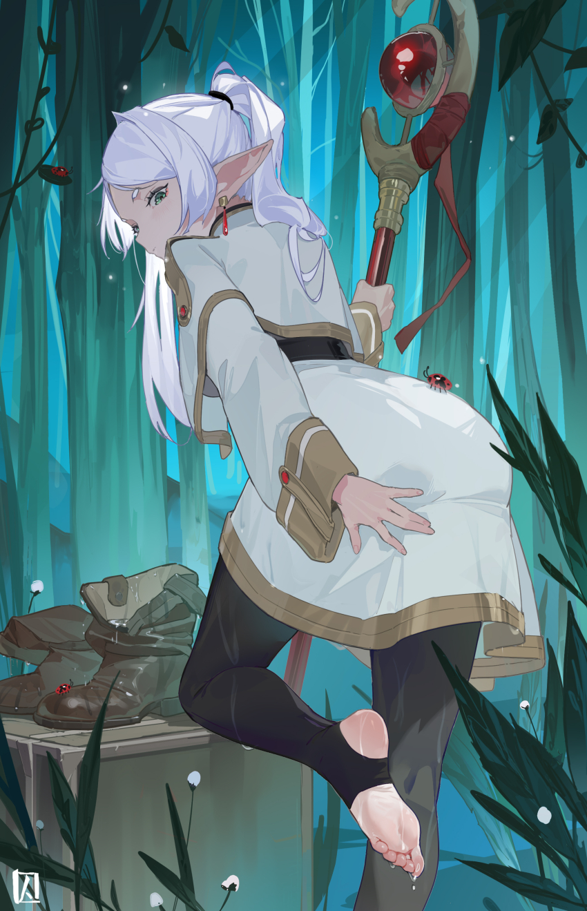 1girl, absurdres, ass, boots, brown_boots, bug, earrings, elf, feet, frieren, green_eyes, grey_hair, highres, holding, holding_staff, insect, jewelry, ladybug, leggings, long_hair, long_sleeves, looking_back, mage_staff, outdoors, pointy_ears, qiu_shu, robe, soles, solo, sousou_no_frieren, staff, standing, standing_on_one_leg, stirrup_legwear, toeless_legwear, toes, twintails, unworn_boots, wet, white_hair, white_robe