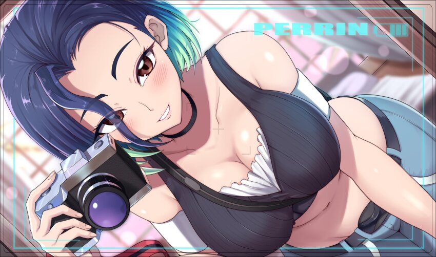 1girl, amepa_(ame_pinecandy), bare_shoulders, bent_over, black_choker, black_shirt, blue_hair, blush, bob_cut, breasts, brown_eyes, camera, character_name, choker, cleavage, collarbone, crop_top, denim, dutch_angle, gradient_hair, grey_shirt, highres, holding, holding_camera, jeans, large_breasts, loose_hair_strand, midriff, multicolored_hair, nintendo, pants, perrin_(pokemon), pokemon, pokemon_scarlet_and_violet, ribbed_shirt, shirt, sleeveless, sleeveless_shirt, undershirt, v-neck, viewfinder