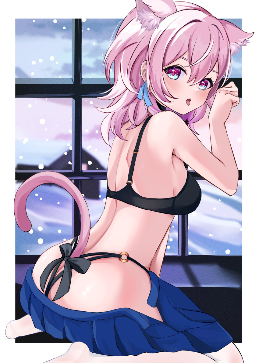 1girl, absurdres, animal_ears, ass, bare_arms, bare_shoulders, black_bra, blue_eyes, blue_skirt, bra, breasts, butt_crack, cat_ears, cat_tail, commentary_request, highres, honkai:_star_rail, honkai_(series), kemonomimi_mode, looking_at_viewer, march_7th_(honkai:_star_rail), medium_breasts, medium_hair, miniskirt, no_shoes, open_mouth, parika, pink_hair, pleated_skirt, seiza, sitting, skirt, snow, solo, tail, tongue, tongue_out, underwear