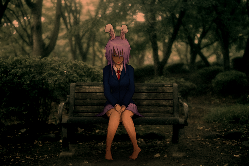 1girl, animal_ears, barefoot, bench, blazer, rabbit_ears, female_focus, jacket