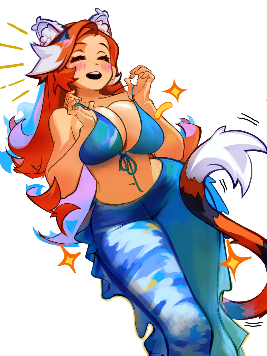 1girl, absurdres, animal_ears, bikini, bikini_top_only, blue_bikini, blue_pants, blueisalanguage